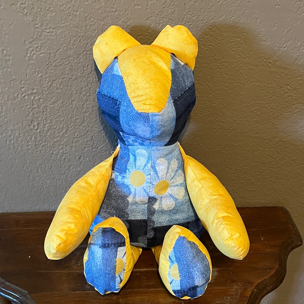 Handmade Bear, 14” tall, yellow and blue patterned.